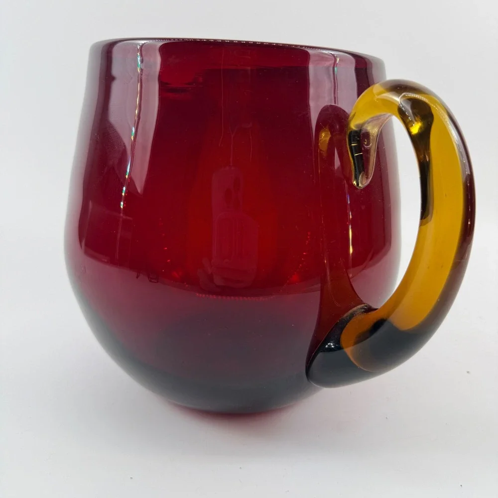 Vintage‎ Hand Blown Ruby Red Glass Pitcher Applied Amber Handle Mid Century